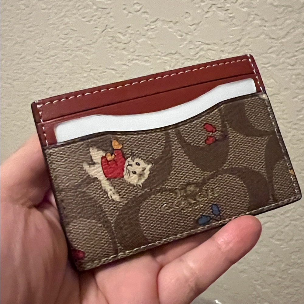 Coach Card Case In Signature Canvas With Cat Mittens Print